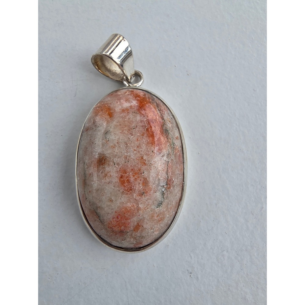 925 Sterling Silver Natural Sunstone Oval Cabochon Pendant Orange Peach Stone